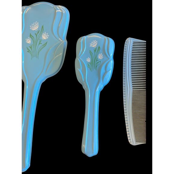Vintage Vanity Set Hairbrush Brush Comb Mirror Blue Floral 1950s Childrens Girls - Picture 4 of 16